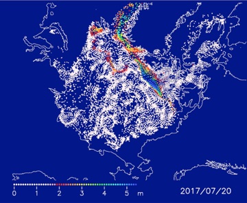 Figure 6:Distribution of particles for July 20, 2016, which are first arrayed over the ice-covered area on December 1, 2015 and are moved based on the satellite-derived daily-ice velocity.