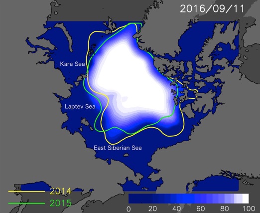 Figure１：Predicted sea ice cover on September 11, 2016.