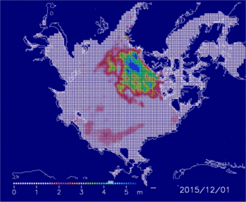 Figure 6：Distribution of particles for April 30, 2016, which are first arrayed over the ice-covered area on December 1, 2015 and are moved based on the satellite-derived daily-ice velocity.