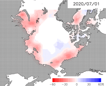 Figure 4:Animation of the daily anomaly of the predicted ice concentration from 2003-2019 mean