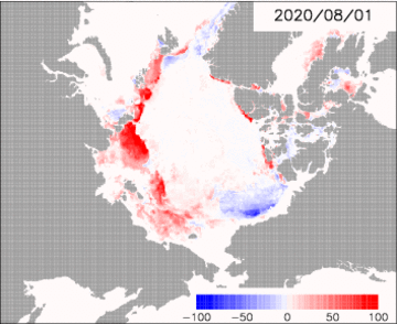 Animation of the daily anomaly of the predicted ice concentration from 2003-2018 mean