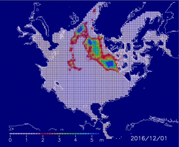 Figure 7:Distribution of particles for July 20, 2017, which are first arrayed over the ice-covered area on December 1, 2016 and are moved based on the satellite-derived daily-ice velocity.