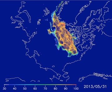 Multi-year ice distribution on May 31 and September 10, 2013