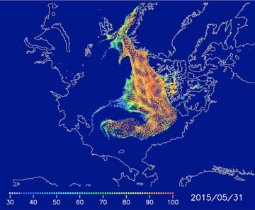 Multi-year ice distribution on May 31 and September 10, 2015