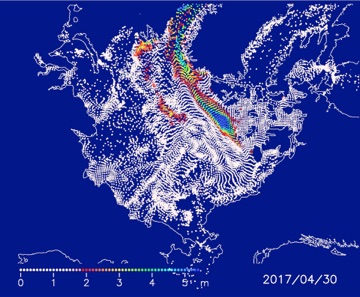 Figure 6:Distribution of particles for April 30, 2016, which are first arrayed over the ice-covered area on December 1, 2015 and are moved based on the satellite-derived daily-ice velocity.