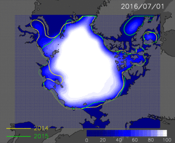 Figure 3：Animation of predicted Arctic ice extent from the July 1 to the September 30. 