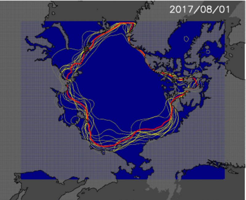 Figure 4:Animation of the ice edge (30% of ice concentration) for 2003-2016 (yellow contours) and 2017 (predicted: red contour).